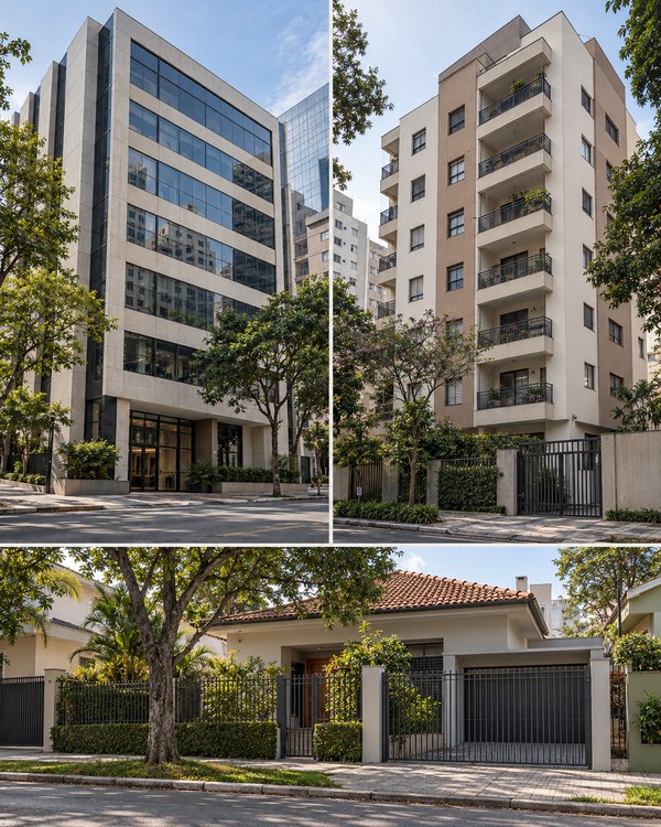 Composição ilustrativa com edifício comercial, prédio residencial e uma casa em diferentes locais